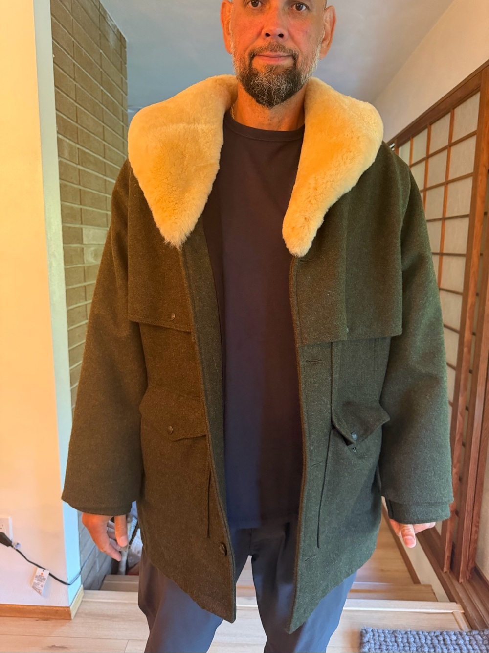 Men's Olive Green Wool packer jacket with Cream Shearling Collar